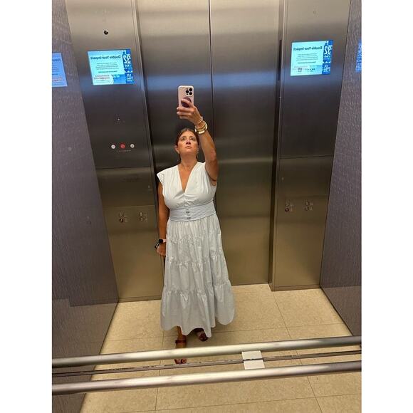 DEREK LAM X RTR Light Blue 100% Cotton Hourglass Cap Sleeve Tiered Dress Size 46 - Picture 11 of 12